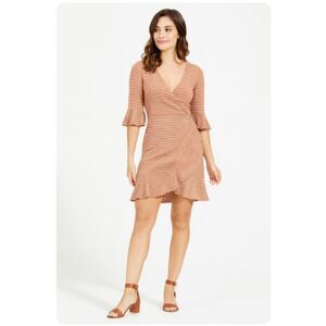 Storia Mini Dress Striped Wrap Around Ruffled Brown Womens Size L